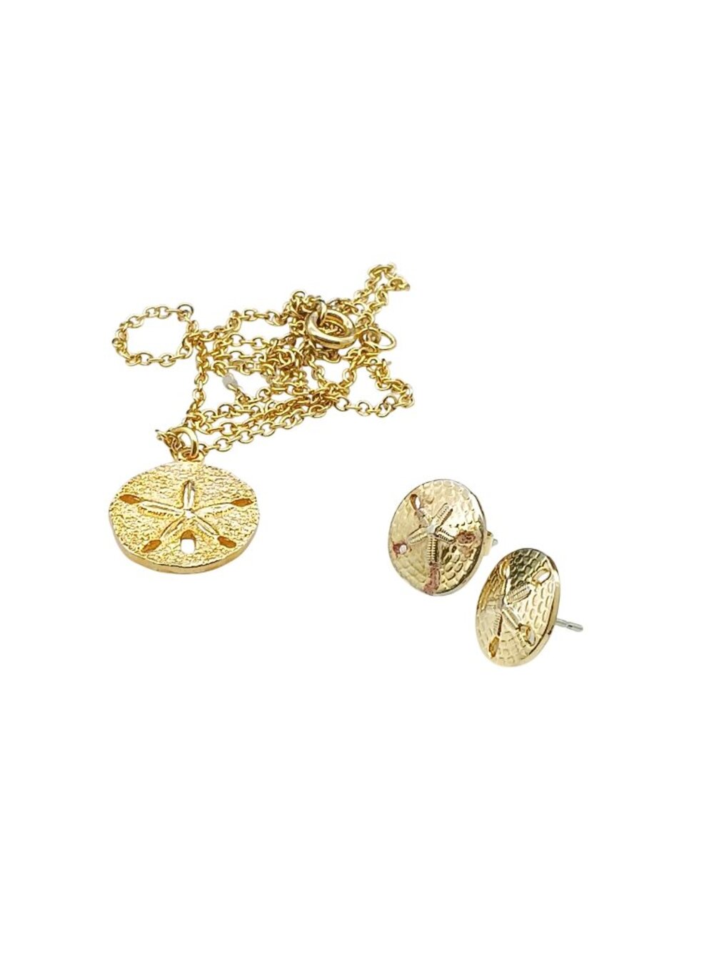 Gold-Toned Sand Dollar Necklace & Stud Earrings Set With Textured Finish Vintage
